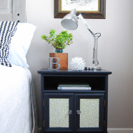 A Navy Nightstand with Papered Doors
