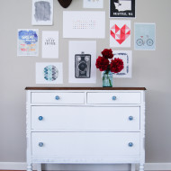 White and Wood Farmhouse Dresser with Blue Glass Knobs