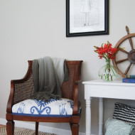 Cane Chair Makeover with Blue and White Ikat Fabric