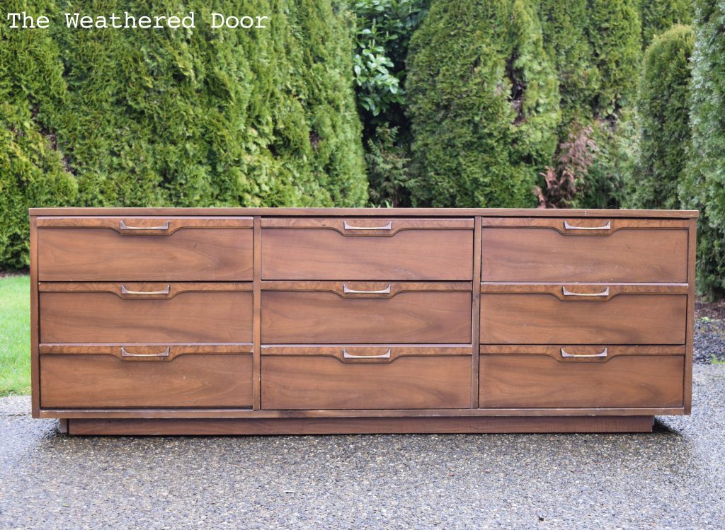 72" Grey and Natural Walnut Mid Century Modern Dresser before