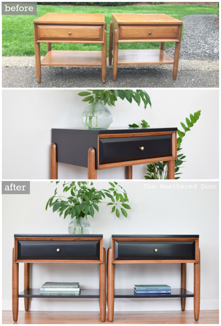 Before & After Satin Black and Walnut Mid Century Modern LA Period Nightstands