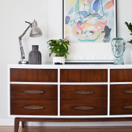 Mid Century 9 Drawer Dresser in Gloss White and Dark Wood