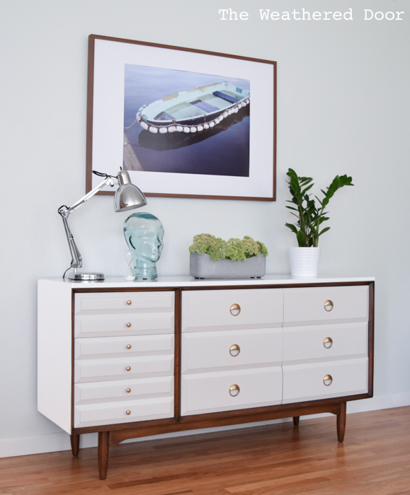 LA Period Mid Century Dresser in high gloss white, gray, and dark walnut stain | from theweathereddoor.com