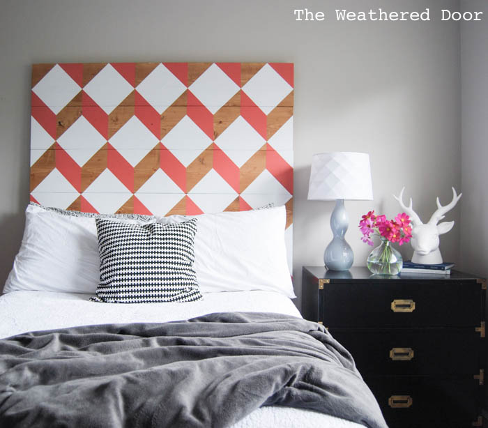 coral geometric headboard diy | from The Weathered Door wd-1
